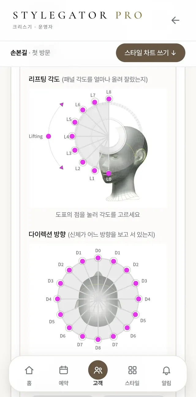 STYLEGATOR PRO 리프팅 각도 L0부터 L8, 다이렉션 D0부터 D8을 도표에서 고르는 화면
