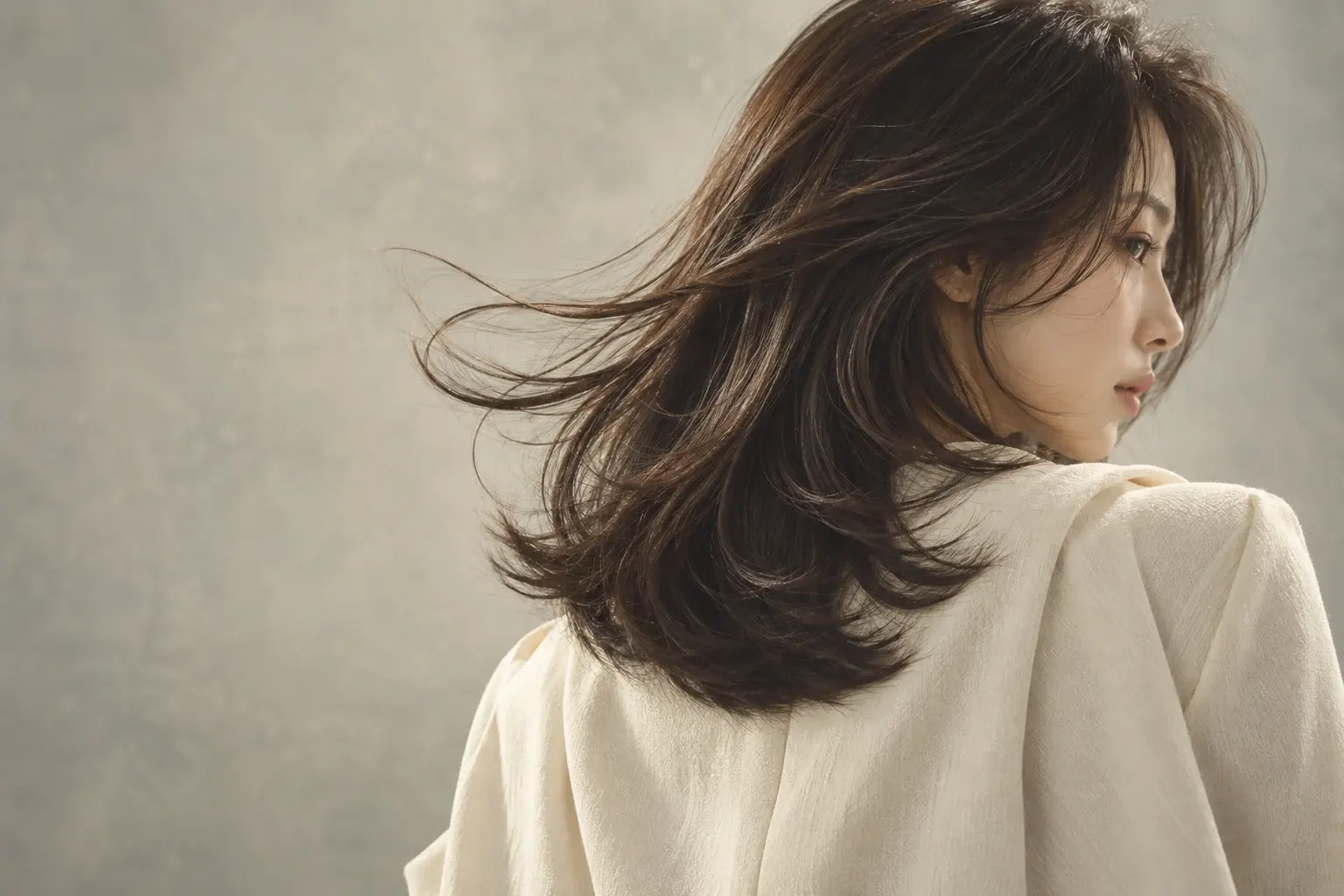 바람에 부드럽게 흐르는 레이어드 헤어의 옆모습